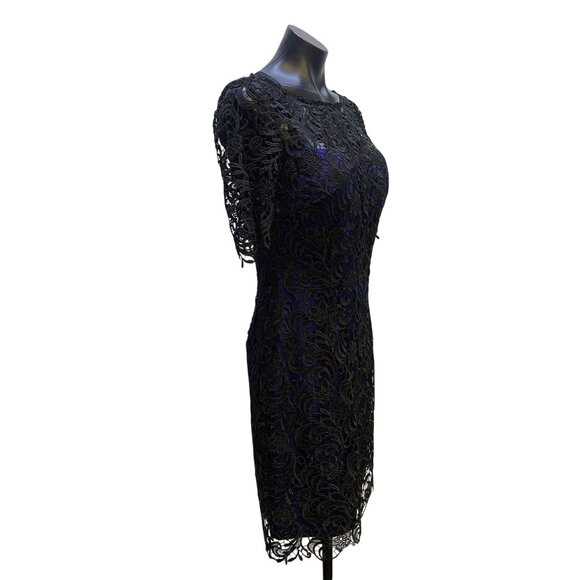 Laundry By Shelli Segal Black Lace Overlay Dress With Blue Underlay,  Size 6 - Picture 3 of 9